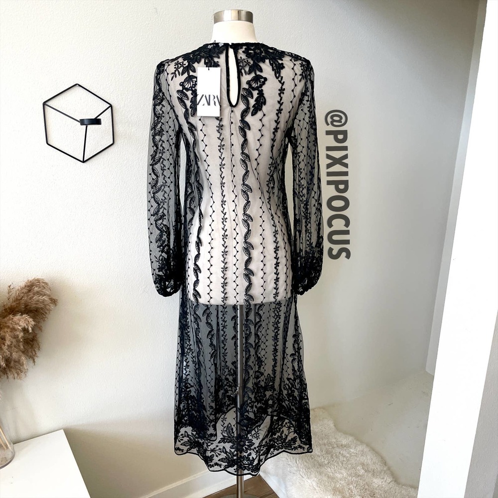 ZARA EMBROIDERED SEMI-SHEER DRESS TULLE BLACK - Picture 10 of 16